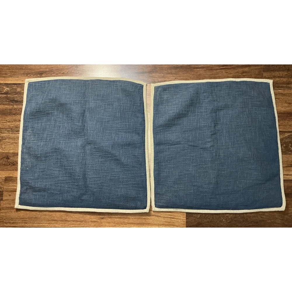 Pair Pottery Barn Cotton Basketweave Pillow Covers Navy Blue Tan Trim 20" X 20"